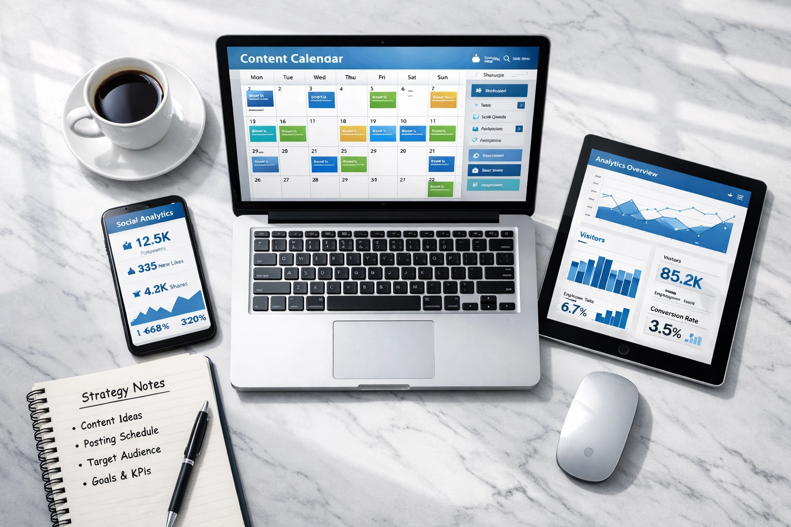 Digital workspace showing content scheduling and automation tools for daily press release system