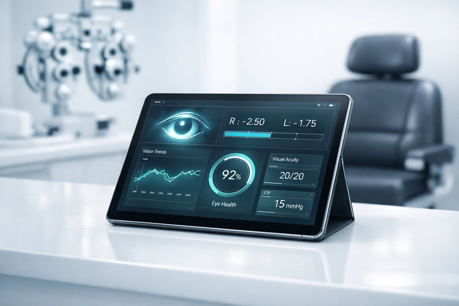 Optometry billing data dashboard on a tablet screen in a clinical eye care office environment.