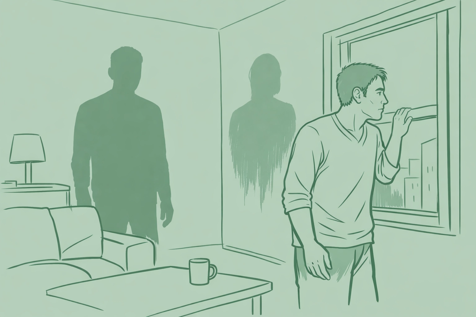 Man stands anxiously by window as shadowy intruder lurks in apartment - gay psychological thriller scene