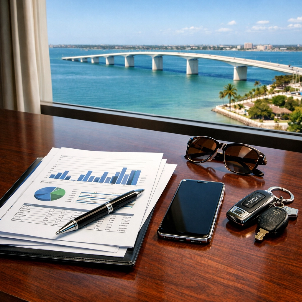 Executive desk with financial reports for a Sarasota business valuation overlooking Sarasota Bay.