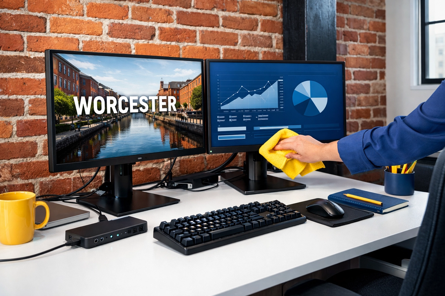 Professional dusting of a modern workstation for office cleaning Worcester in the Canal District.