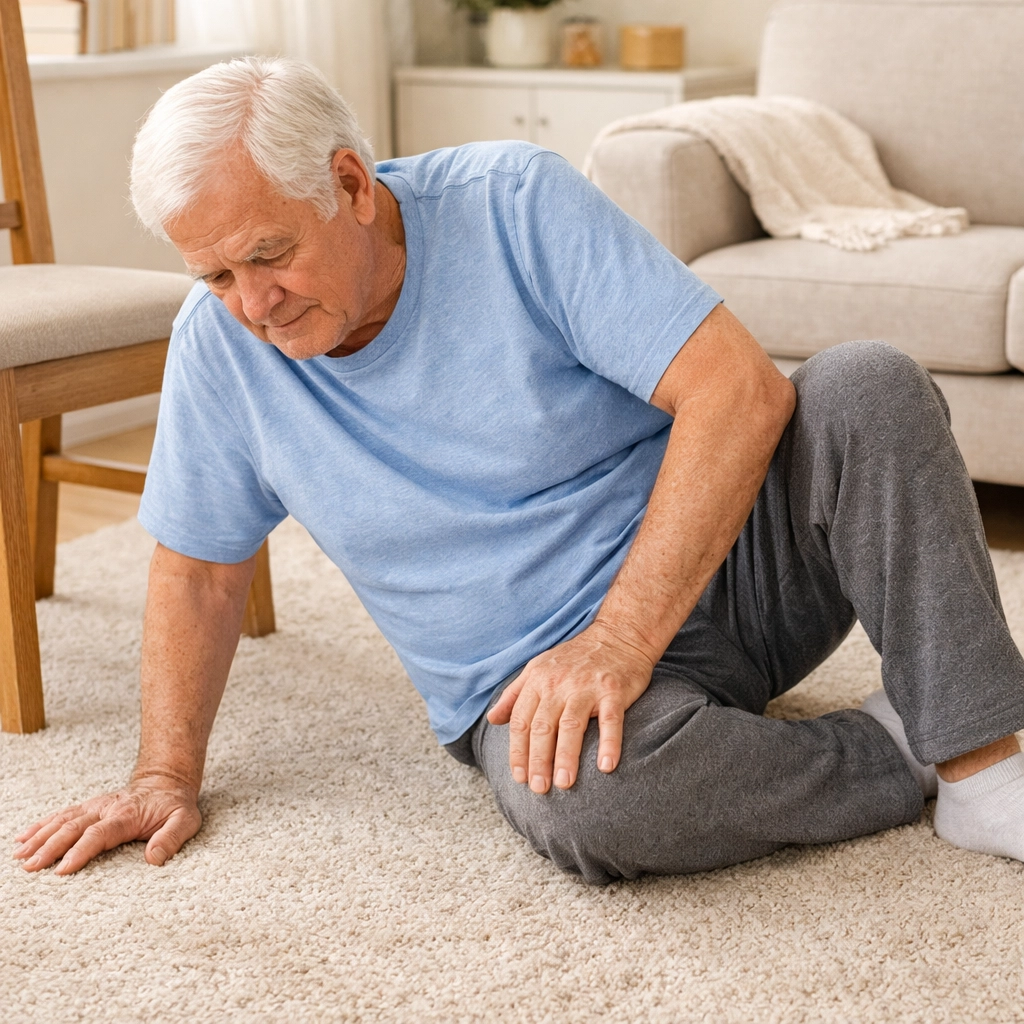 Senior man transitioning to side-sitting position after fall using floor for support