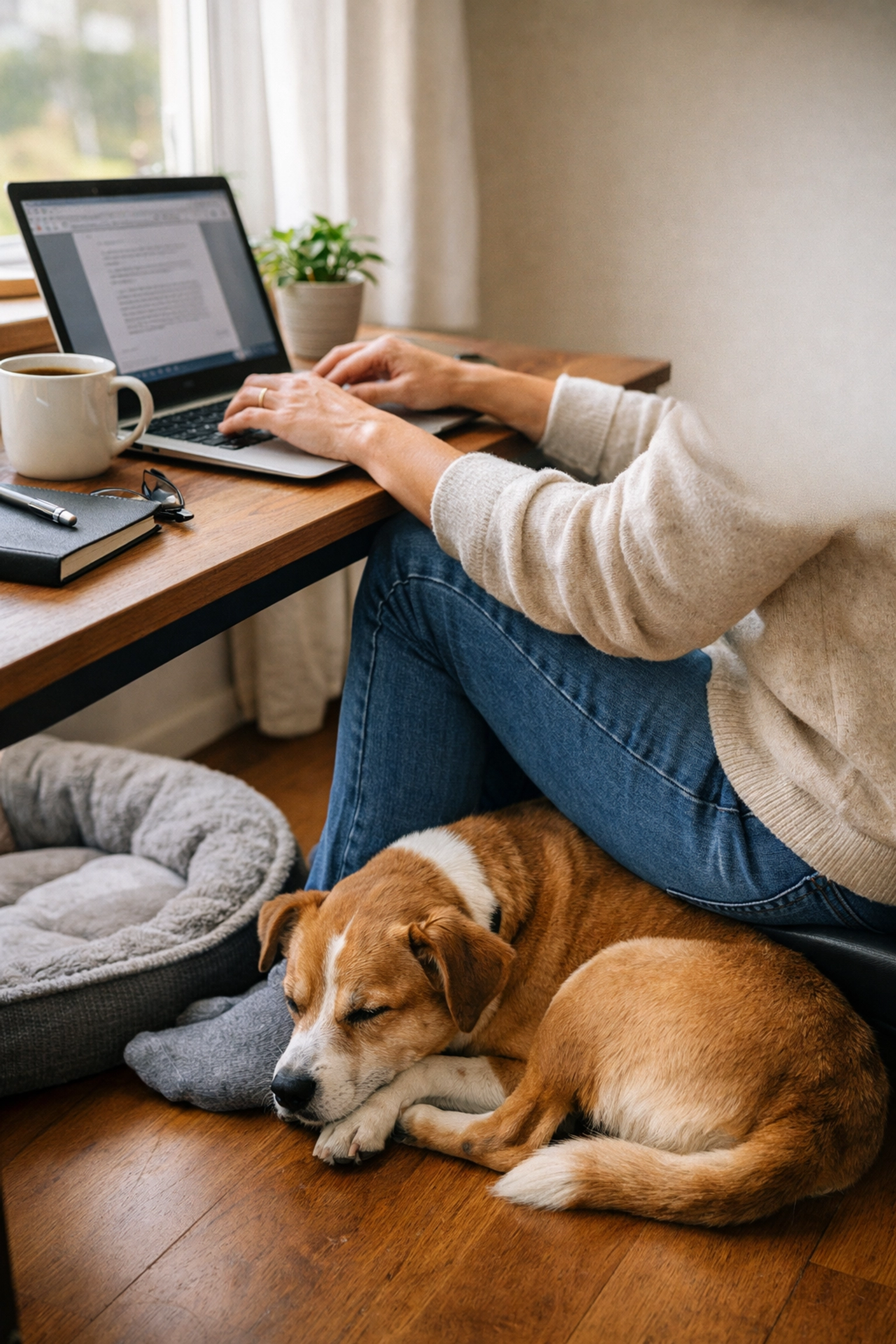 Person working from home with foster dog nearby