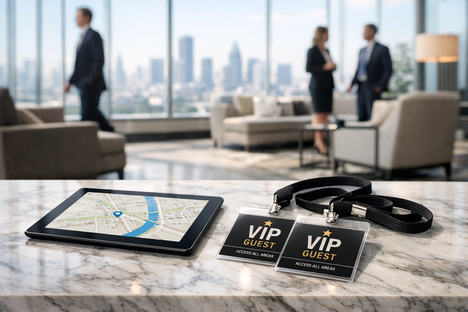 VIP executive hosting lounge with guest lanyards, highlighting professional corporate travel management and hospitality.