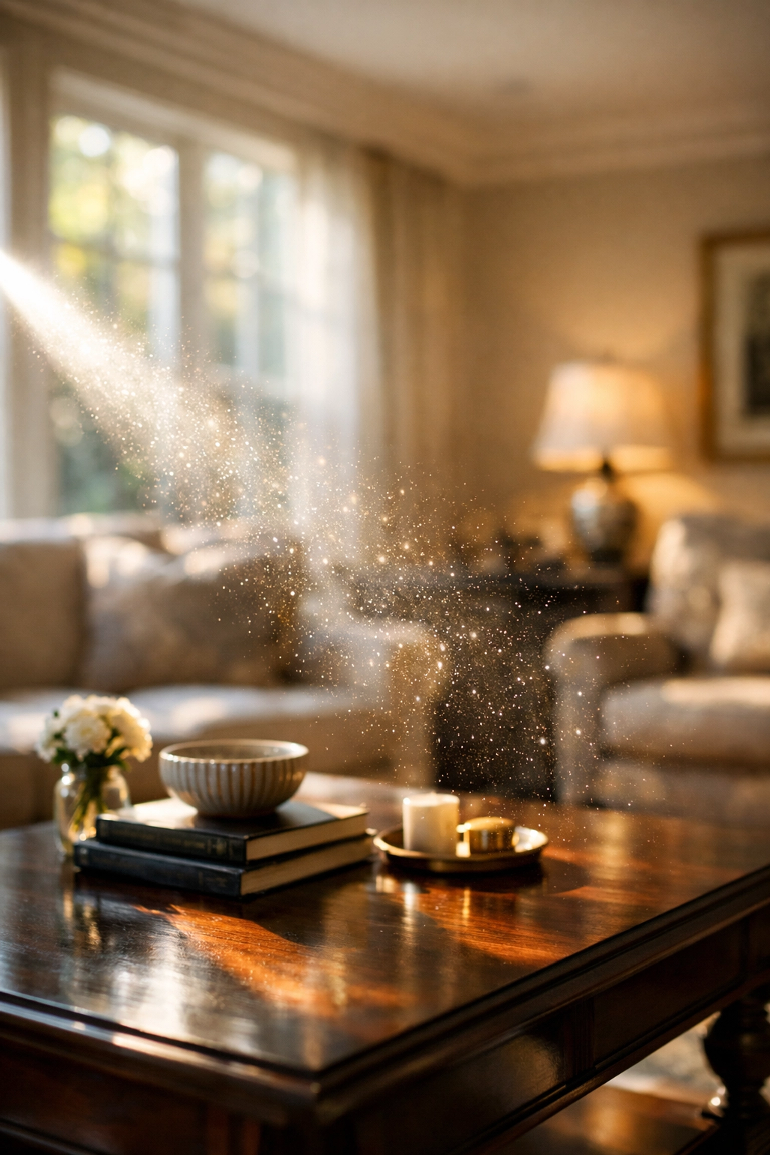 Sunlight revealing airborne dust particles in a Wellesley living room, highlighting the need for weekly house cleaning.