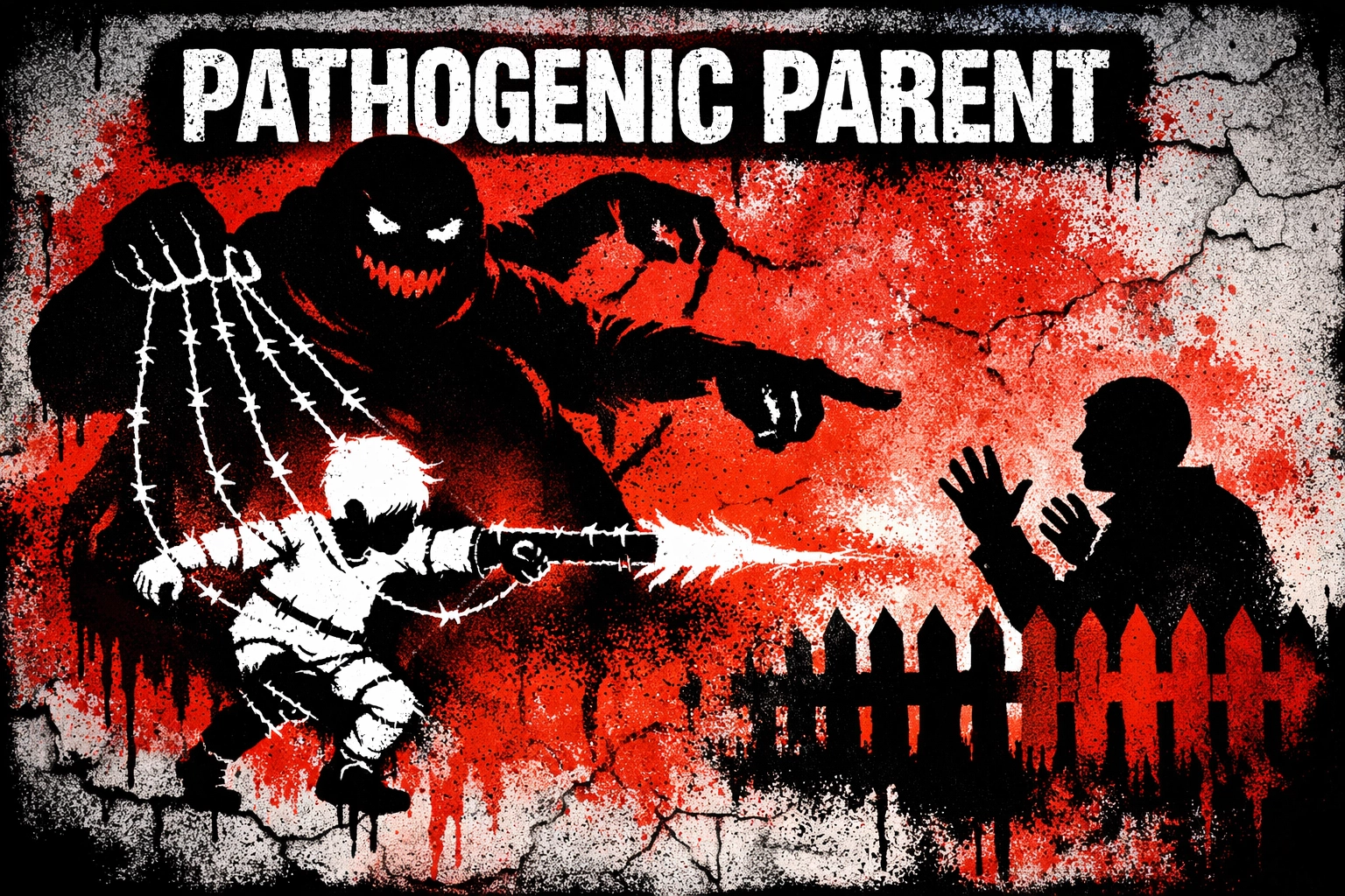 Punk rock art showing a pathogenic parent using a child as a tool for psychological abuse.