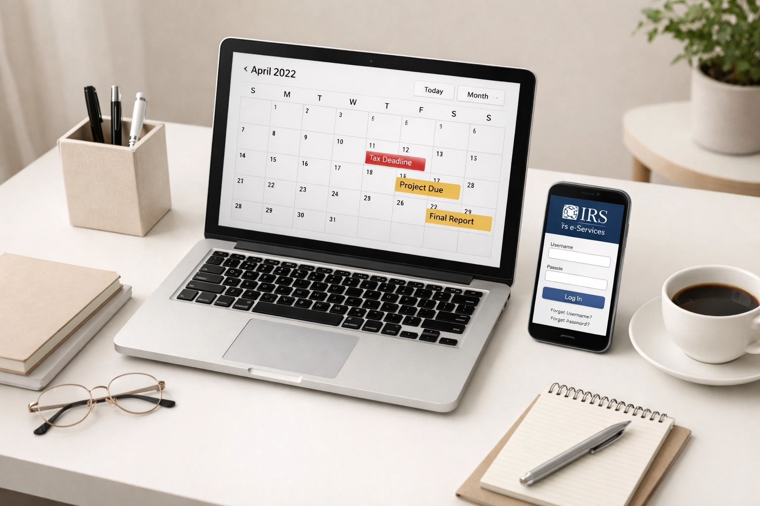 Tax professional managing EFIN renewal deadlines and IRS e-Services portal on desktop workspace