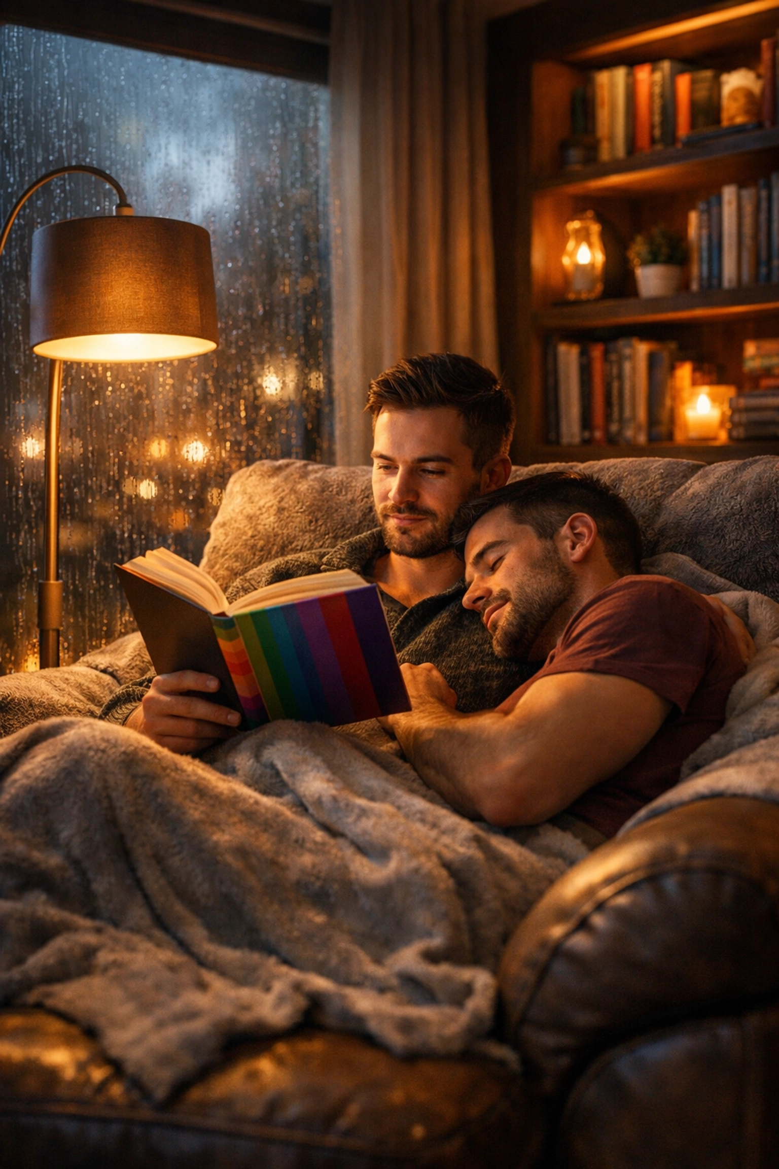 A gay couple reading together in a cozy nook, illustrating the power of queer literature in radical healing.