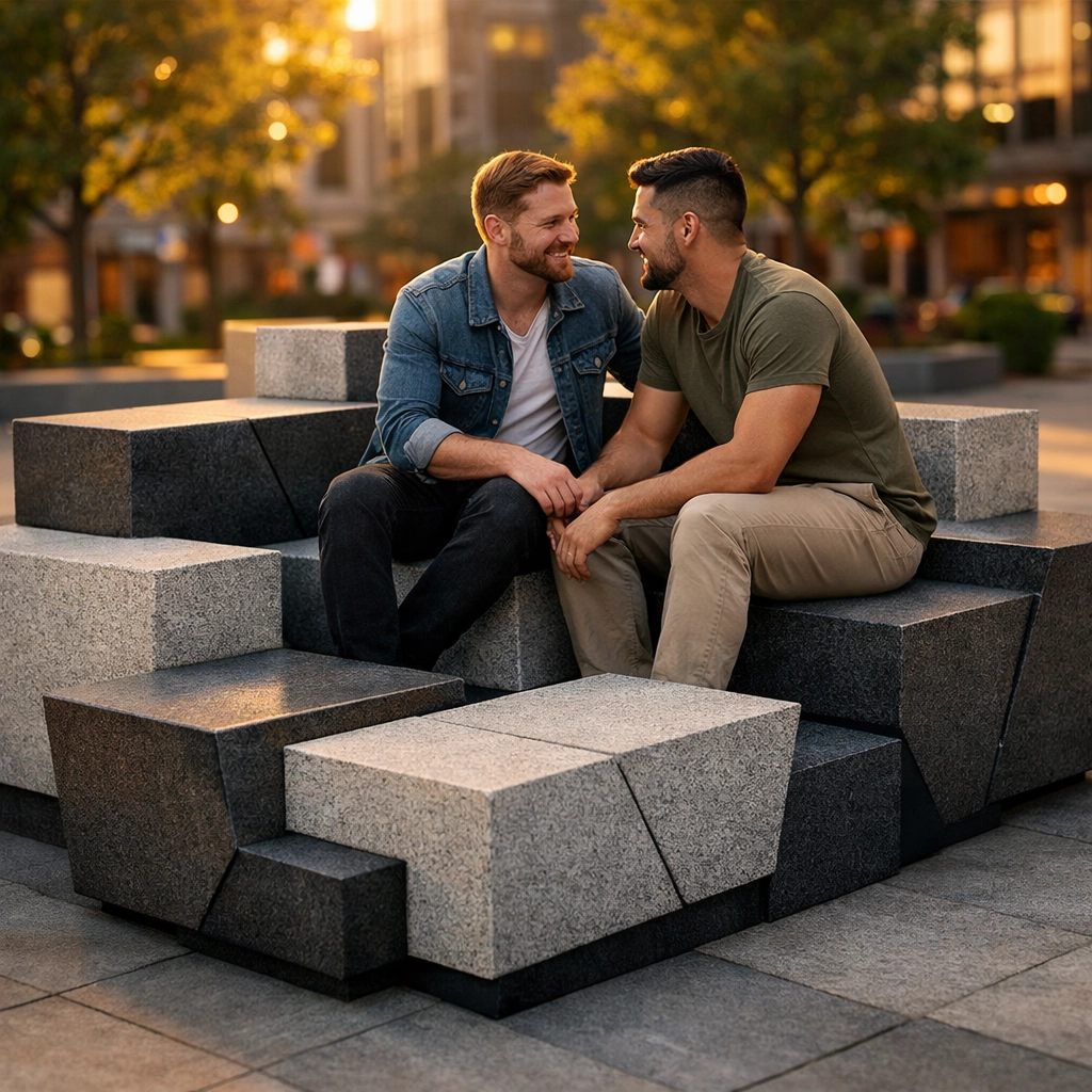Geometric granite benches by gay sculptor creating intimate public spaces for connection