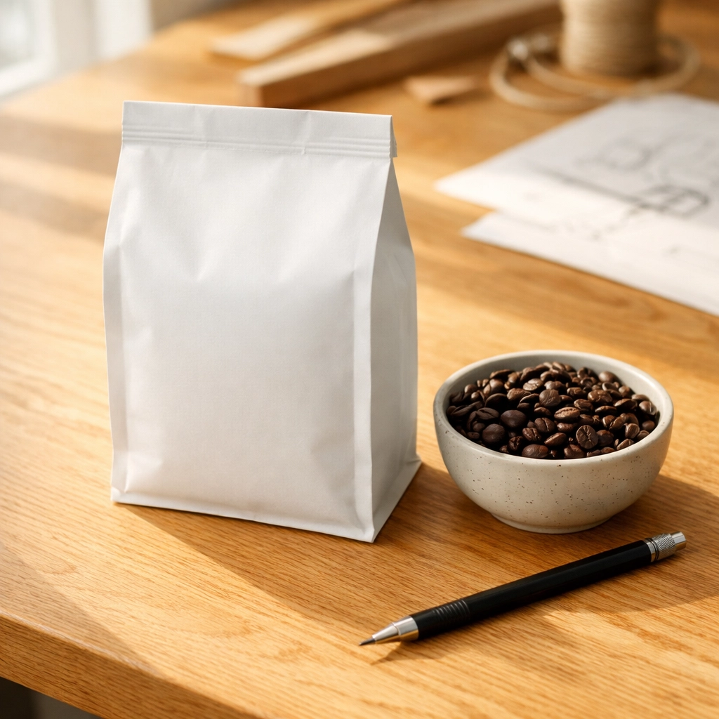 A blank white label coffee bag on a sunlit wooden workbench with fresh roasted beans.