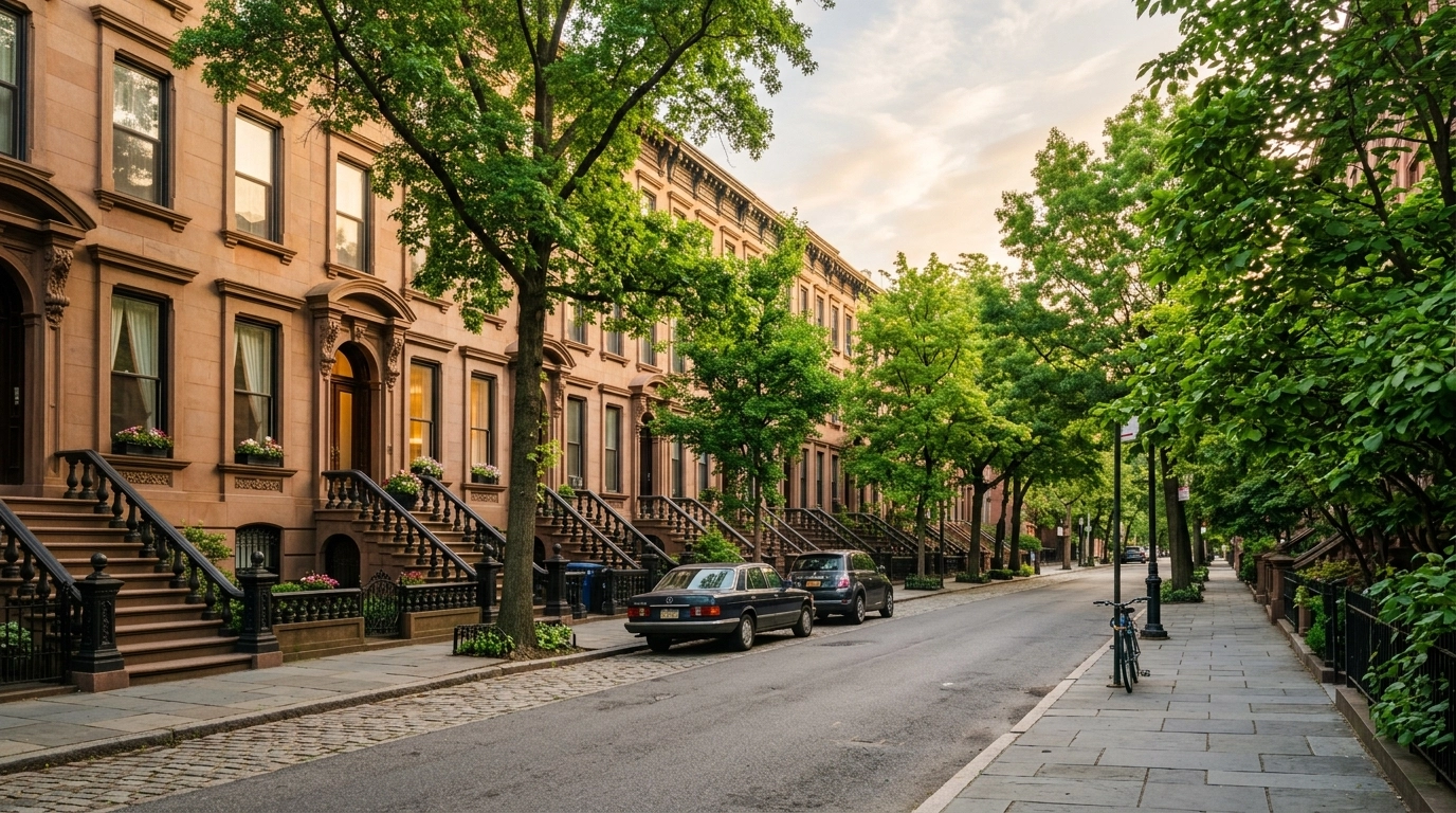 A quiet Harlem street lined with brownstones and trees in soft morning light.