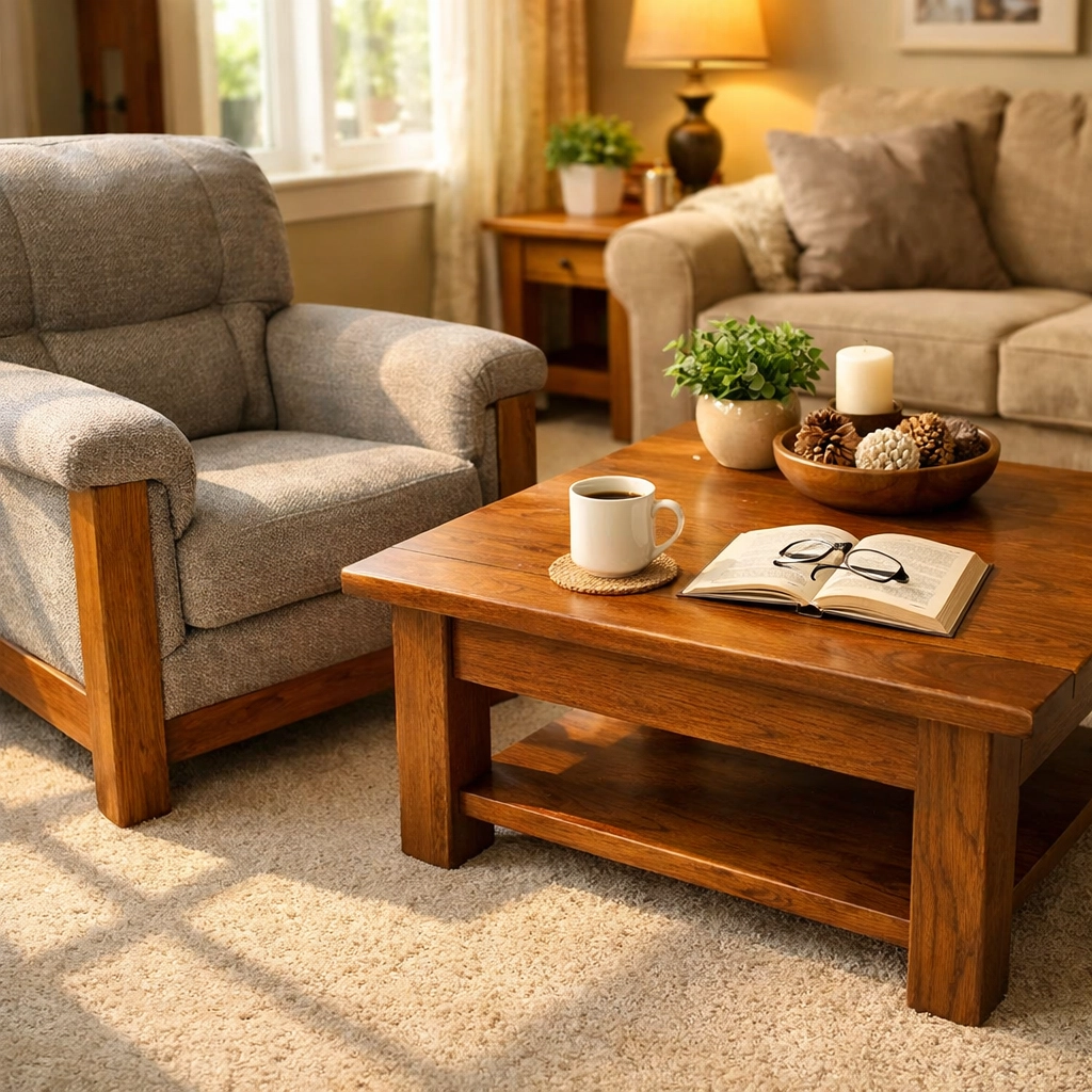 Sturdy armchair and coffee table providing stable support for getting up after falling