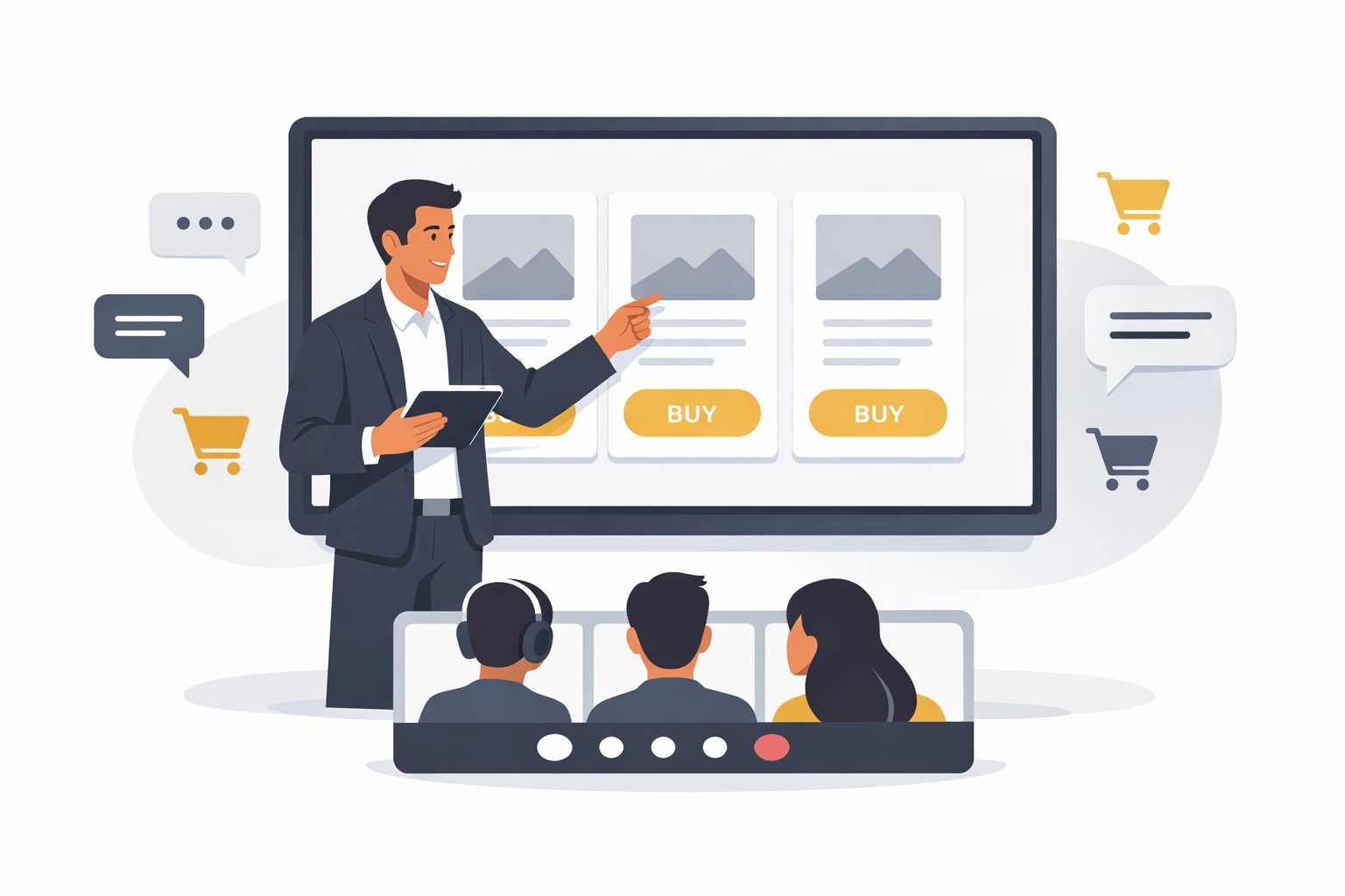 Presenter demonstrating products on interactive live shopping platform with real-time chat and purchase options