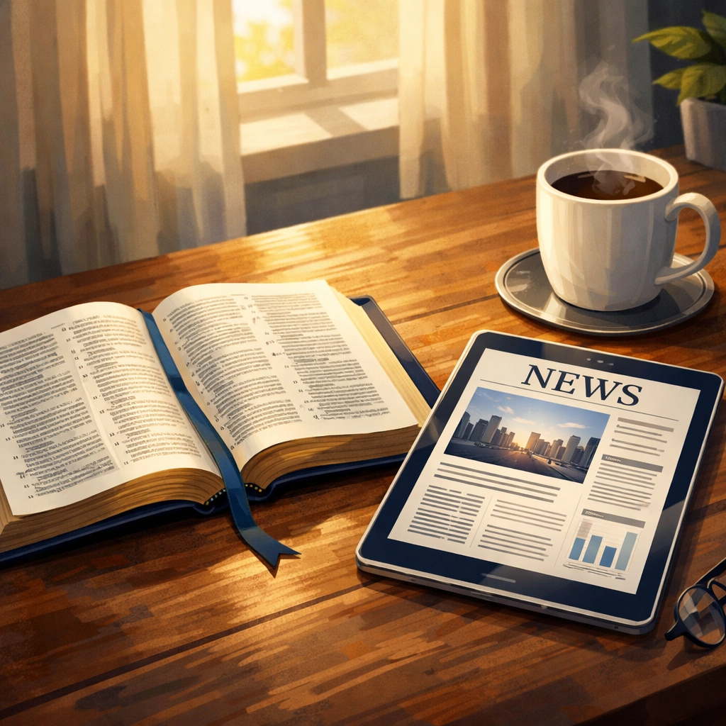 Open Bible beside news tablet showing faith-centered approach to current events