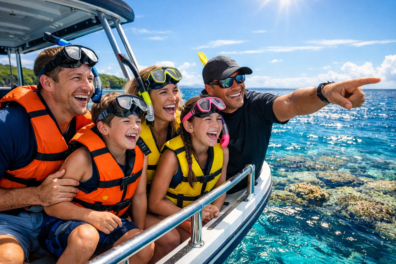 A family enjoys a safe and fun snorkeling shore excursion in the crystal-clear waters of Nassau.