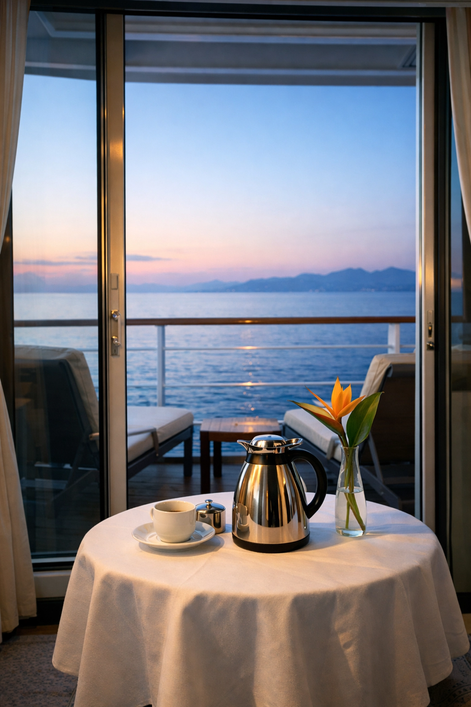 Luxury cruise ship balcony cabin with breakfast table overlooking the Mediterranean Sea.