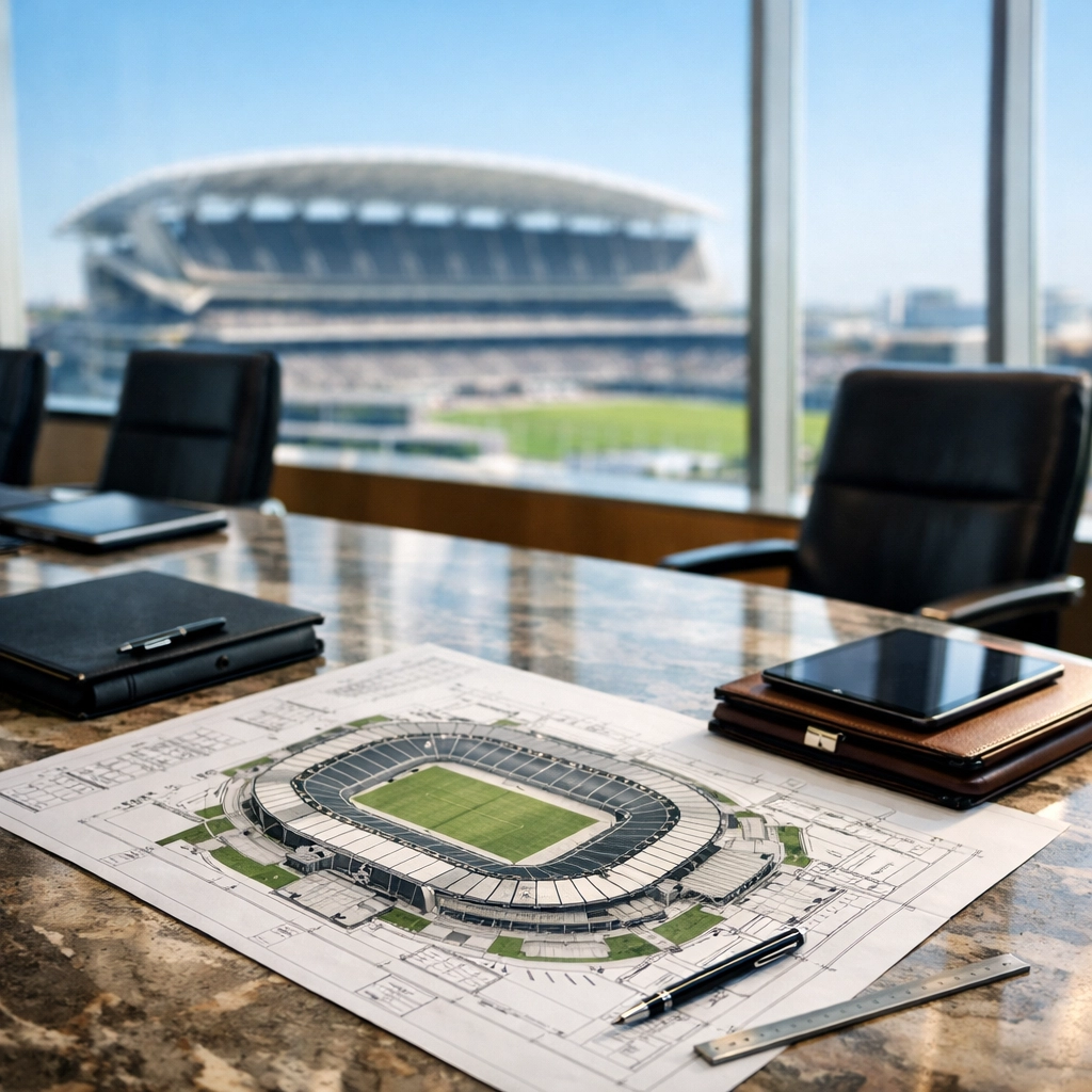 Corporate executives strategizing Super Bowl travel logistics with blueprints in a luxury boardroom.