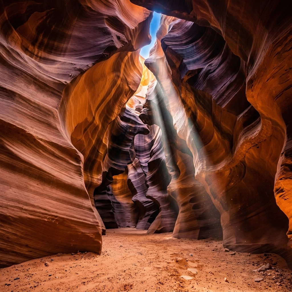 Fine art landscape photography tutorials showing light rays in a majestic slot canyon.