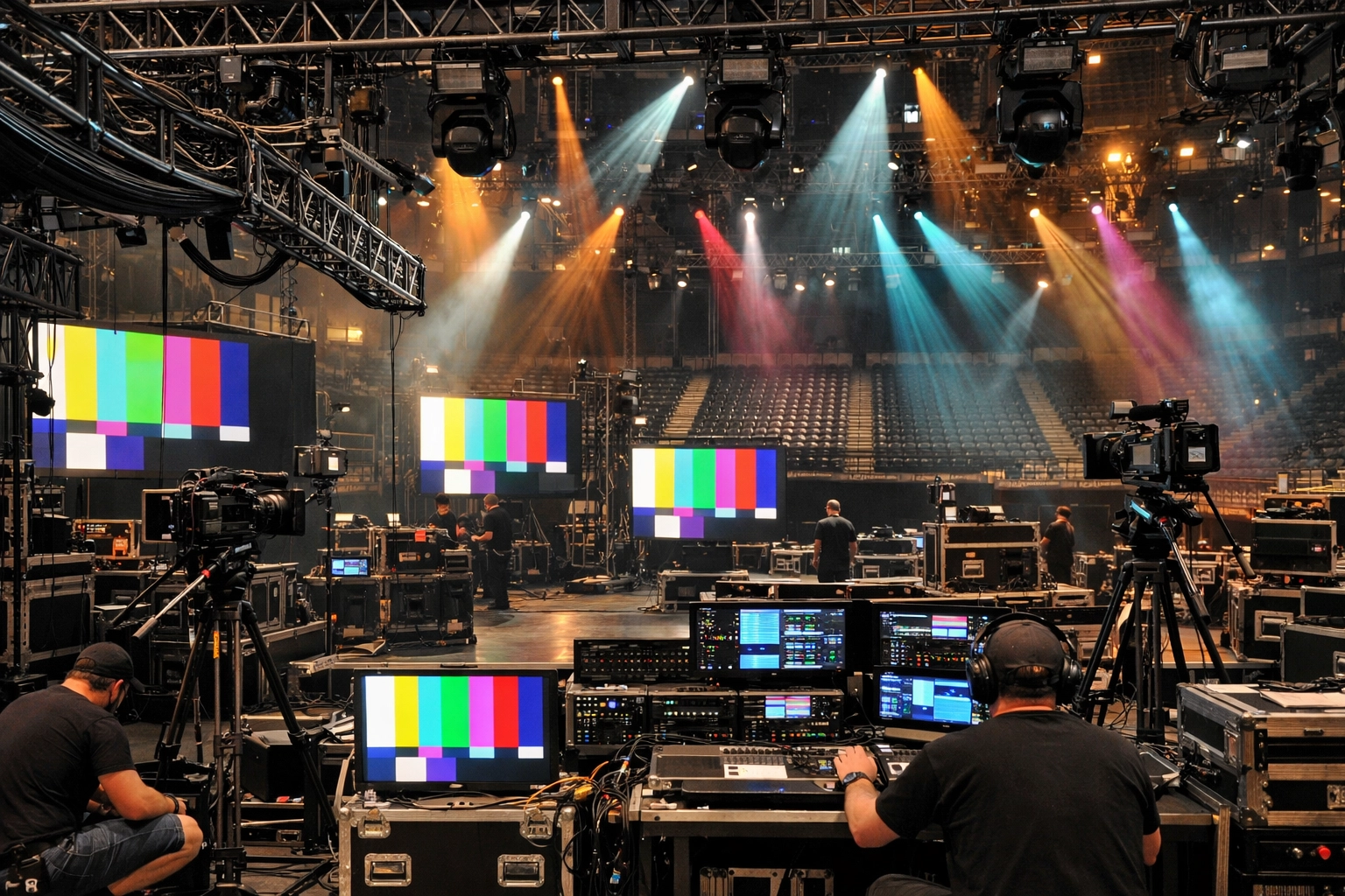 Event production crew setting up audio-visual equipment and lighting for stadium activation