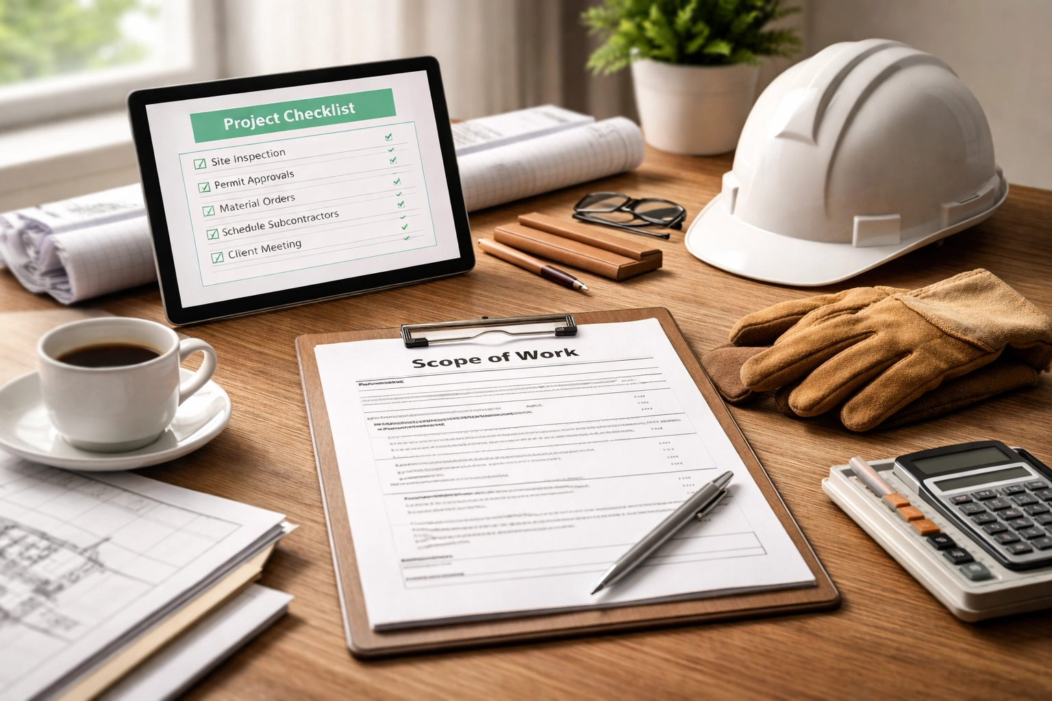 Organized contractor desk with project checklist, scope documents, and safety gear for subcontractor coordination