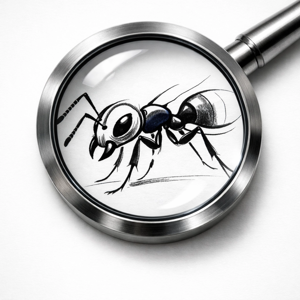 Magnifying glass inspecting an ant illustration from the new online pest library for easy identification.