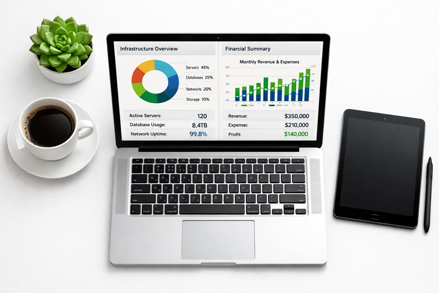 A ServiceNow ITOM and ITAM dashboard showing financial ROI and infrastructure optimization metrics.