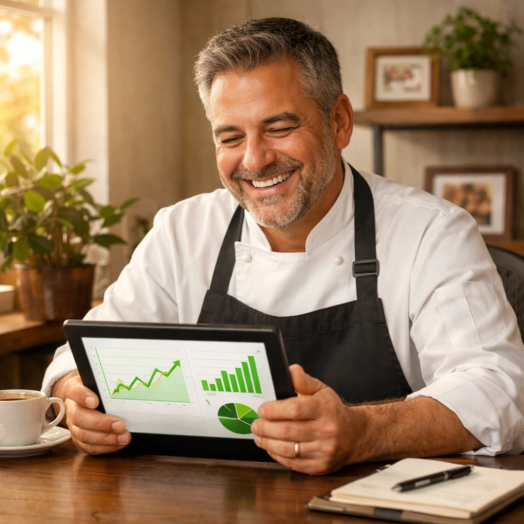 Restaurant owner reviewing profitable financial dashboard showing upward revenue growth trends