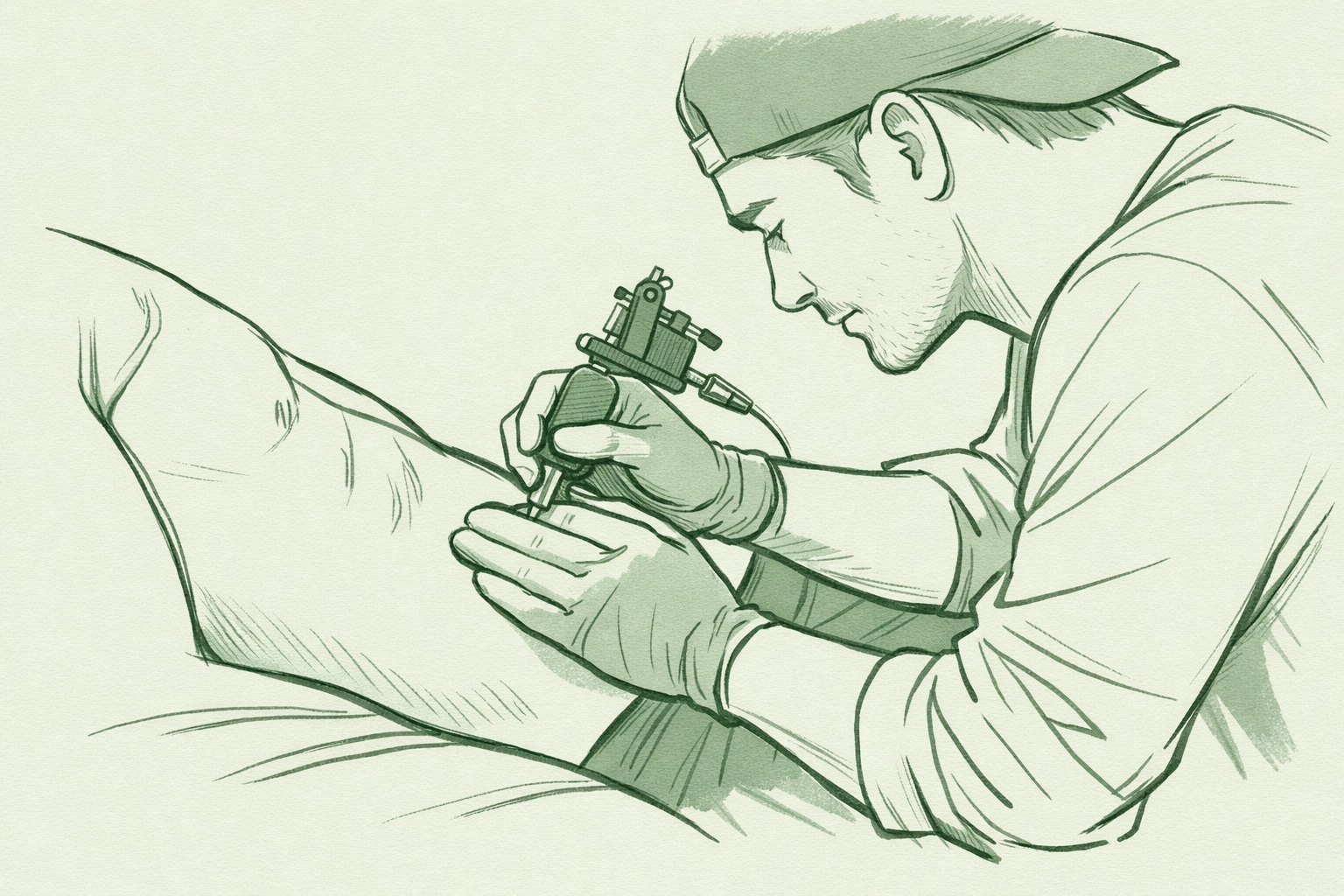 Tattoo artist applying ink to man's ribcage during emotional first tattoo session