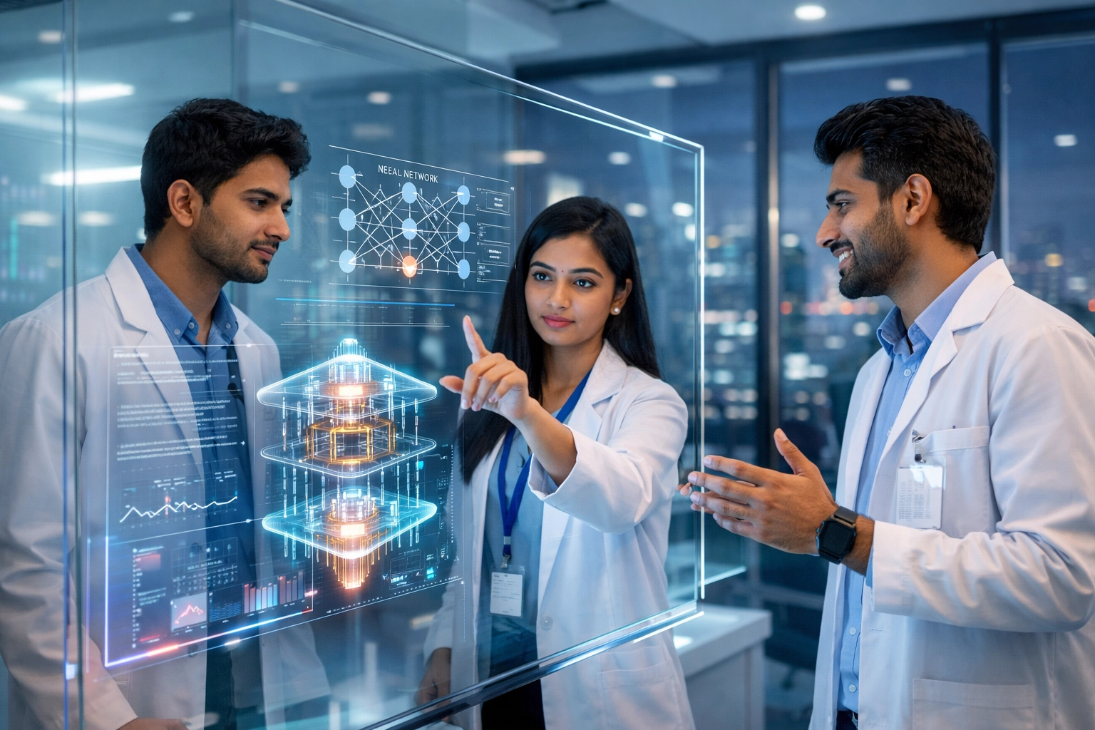 Tech researchers in an advanced R&D lab highlighting the growth of AI within startup news india.