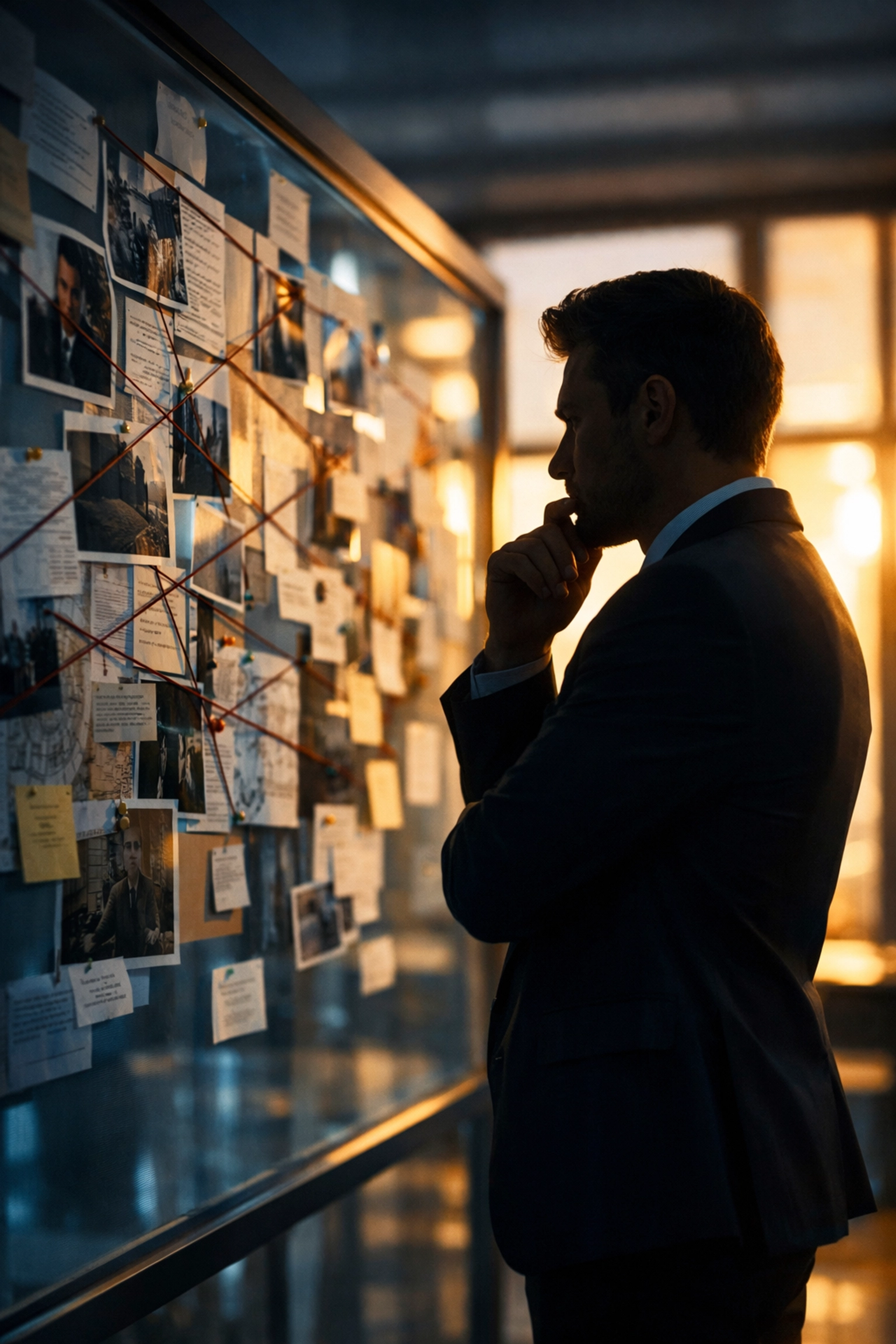 Business investigator reviewing evidence board demonstrating investigation bias risks