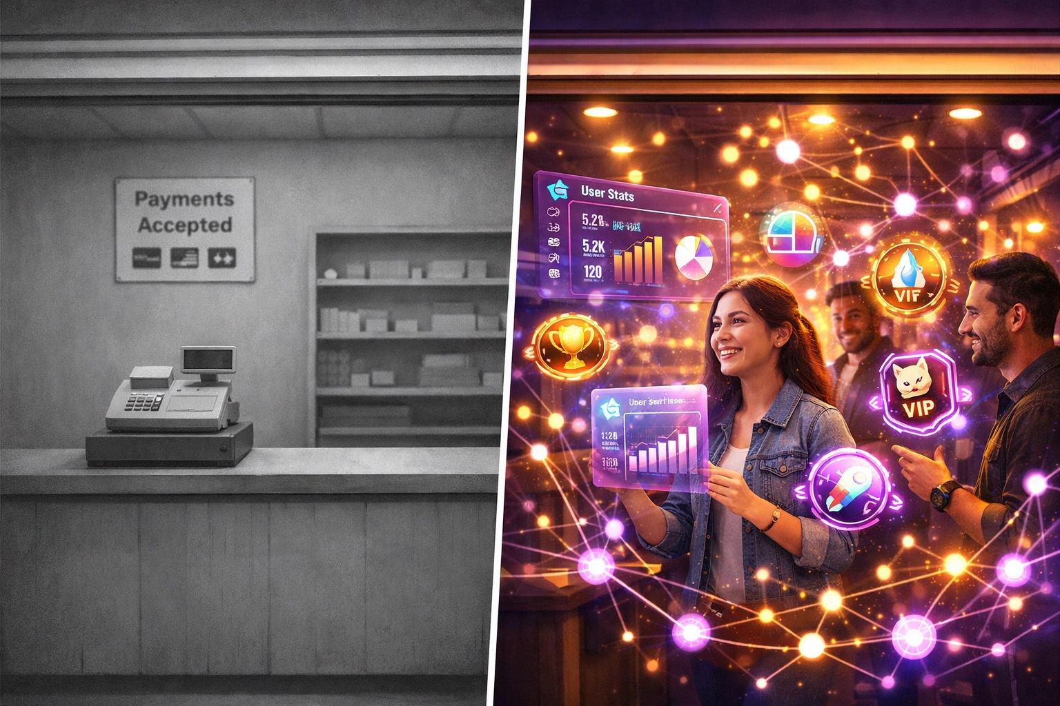 Basic payment processor vs complete Web3 commerce ecosystem with NFT receipts and analytics