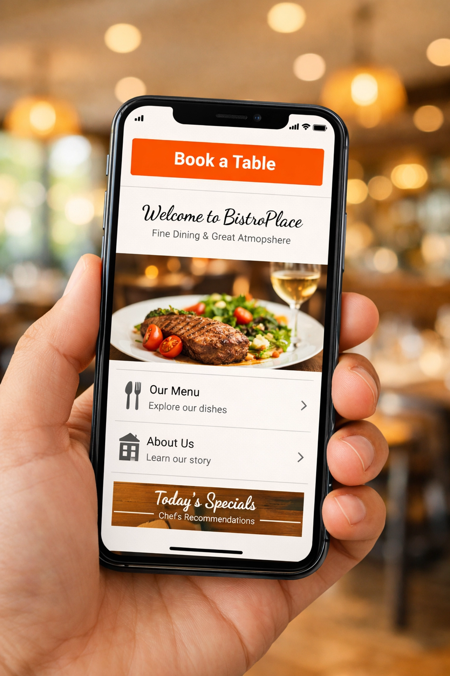Mobile restaurant booking button positioned above the fold