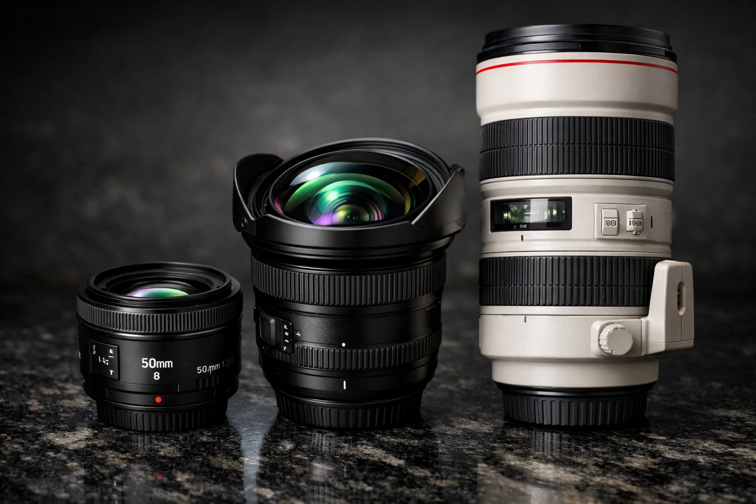 Selection of professional wide-angle and telephoto camera lenses for advanced photography tutorials.