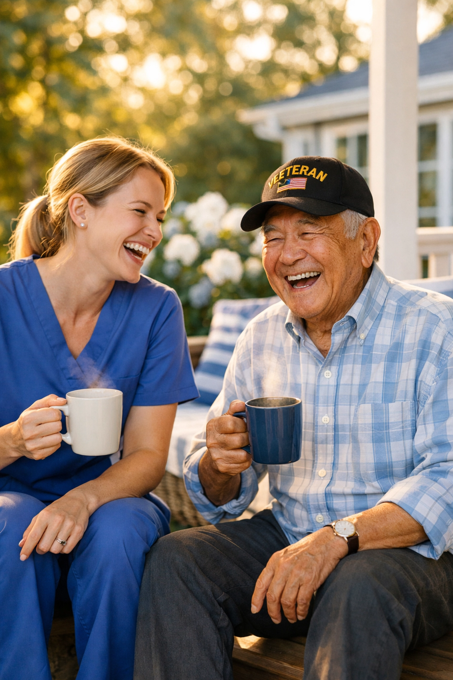 A caregiver and Asian veteran laughing on a porch during respite care services in Warrenton.