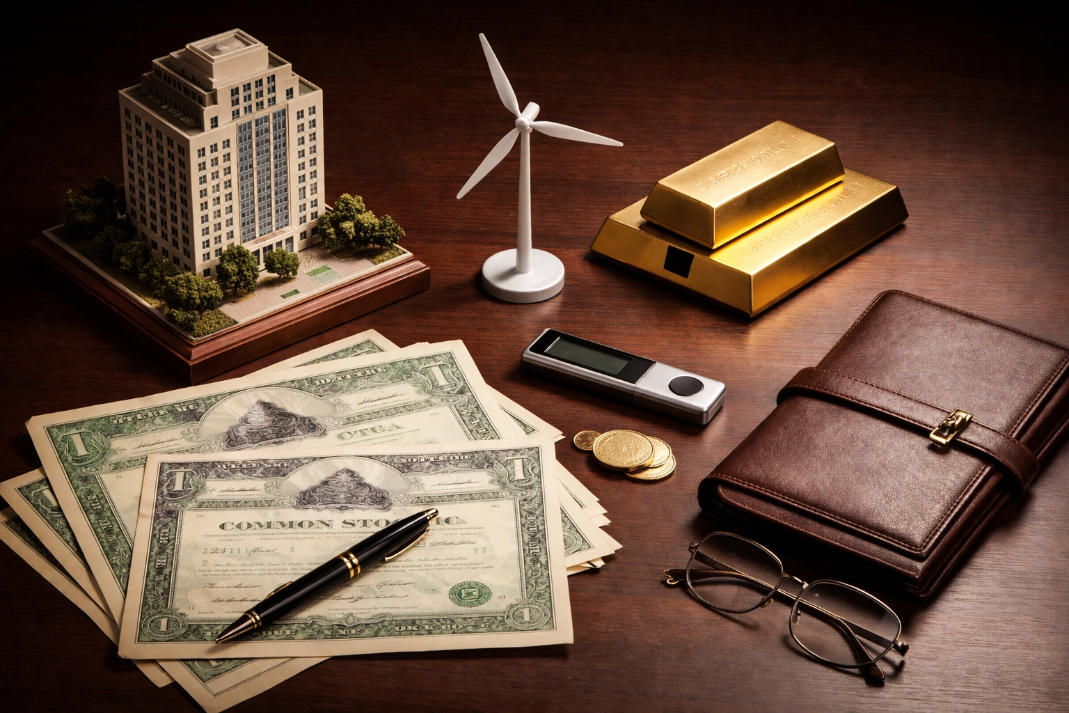 Flat-lay of investment icons, including buildings, gold, and digital wallets, representing diversified asset allocation and alternatives.