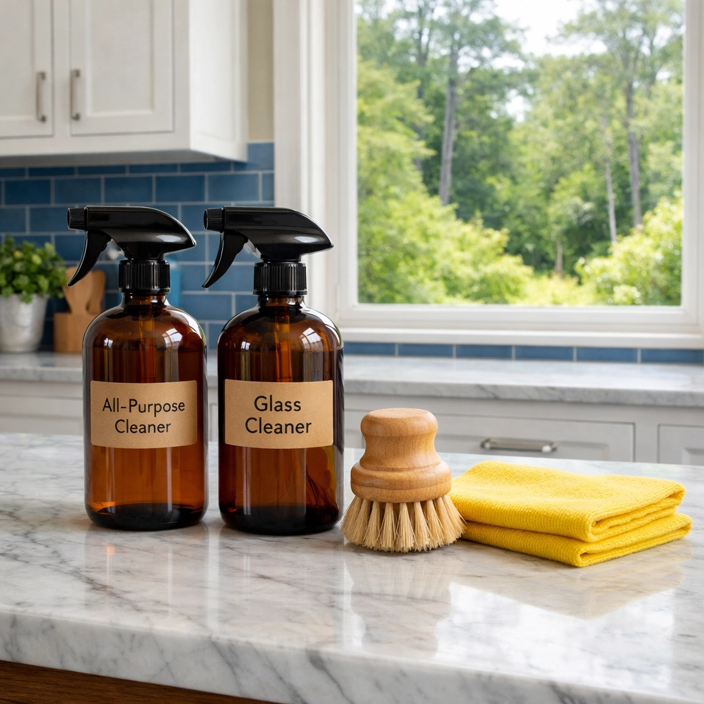 Eco-friendly cleaning supplies for non-toxic bi-weekly house cleaning in a Cape Cod kitchen.