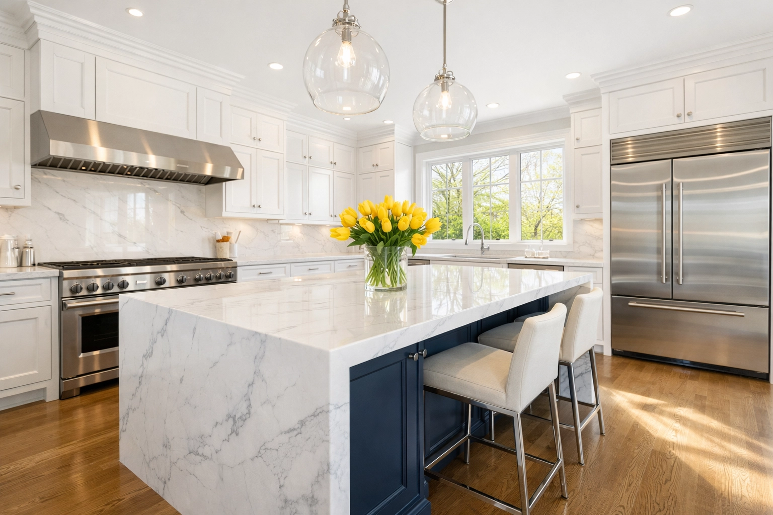 Deep cleaned luxury kitchen in Wellesley, MA with white cabinets and marble countertops.