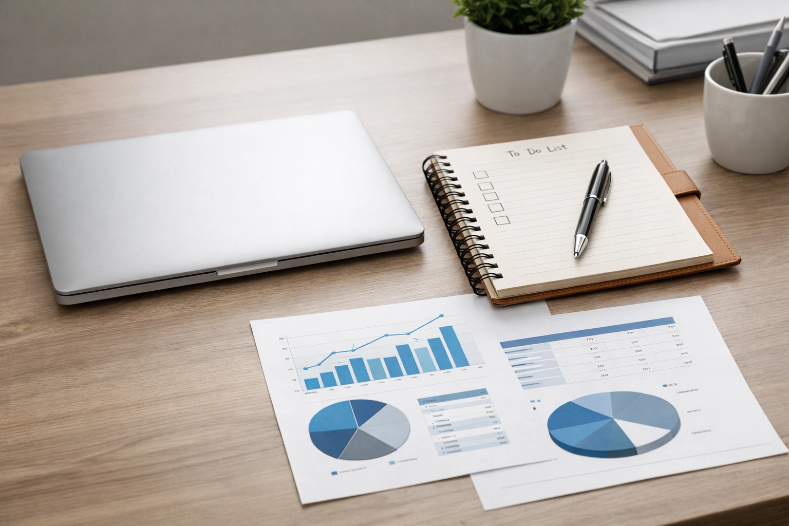 A tidy desk with a notebook and simple chart printouts, representing calm, organised operations.