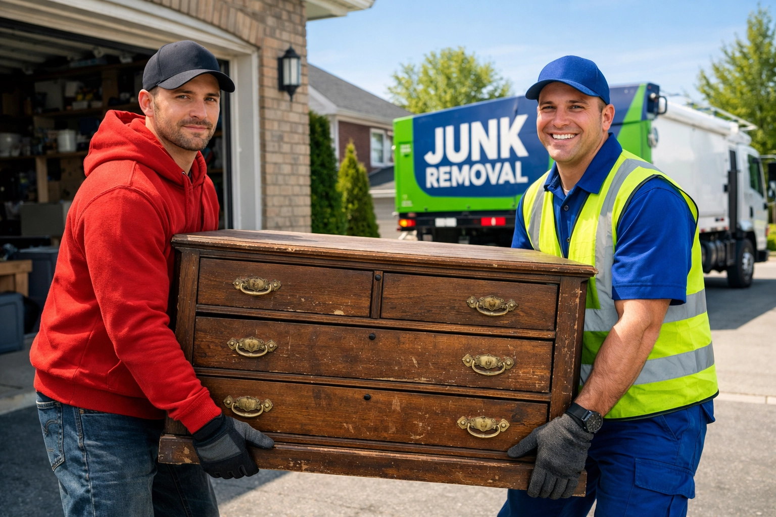 Professional junk removal Bradford crew hauling away old furniture from a home garage.