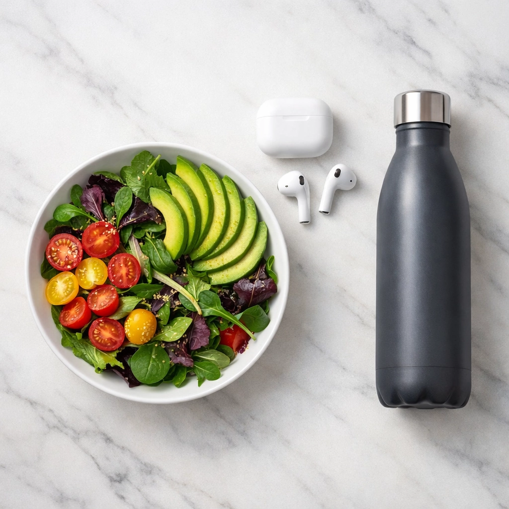 A healthy salad and water bottle representing lifestyle habits paired with weight loss medication.