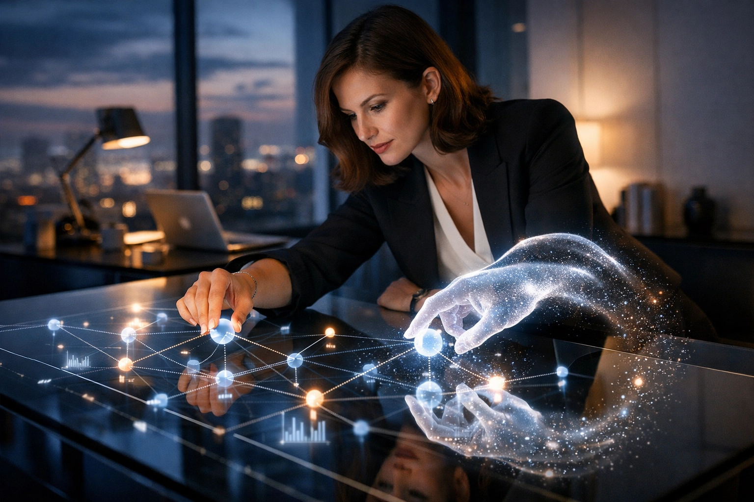 Sales professional collaborating with an AI assistant to refine customer data in a modern office.