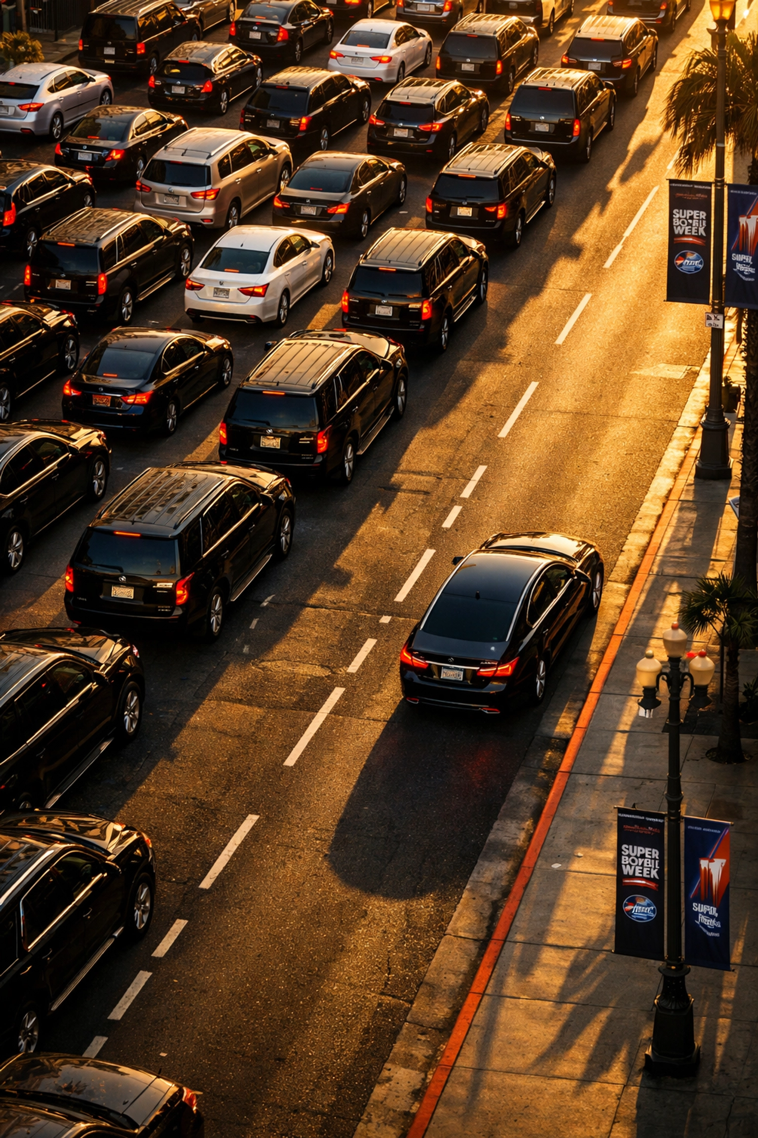 Super Bowl week traffic congestion with private executive transportation navigating gridlock