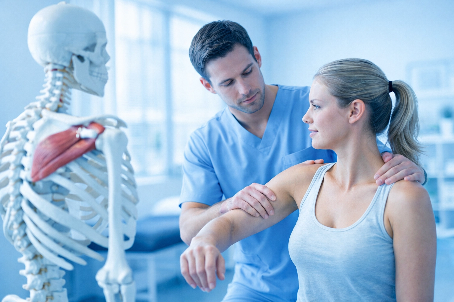 Clinical recovery concept: clinician assessing a patient’s upper extremity in a bright, clean exam room with cool blue overlay.