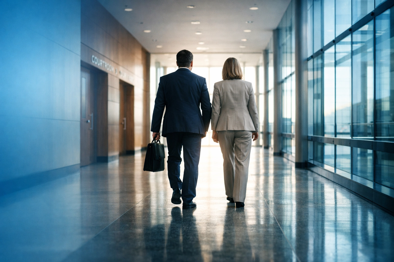 Experienced attorney and client walking through a Virginia Beach courthouse for DUI trial representation.