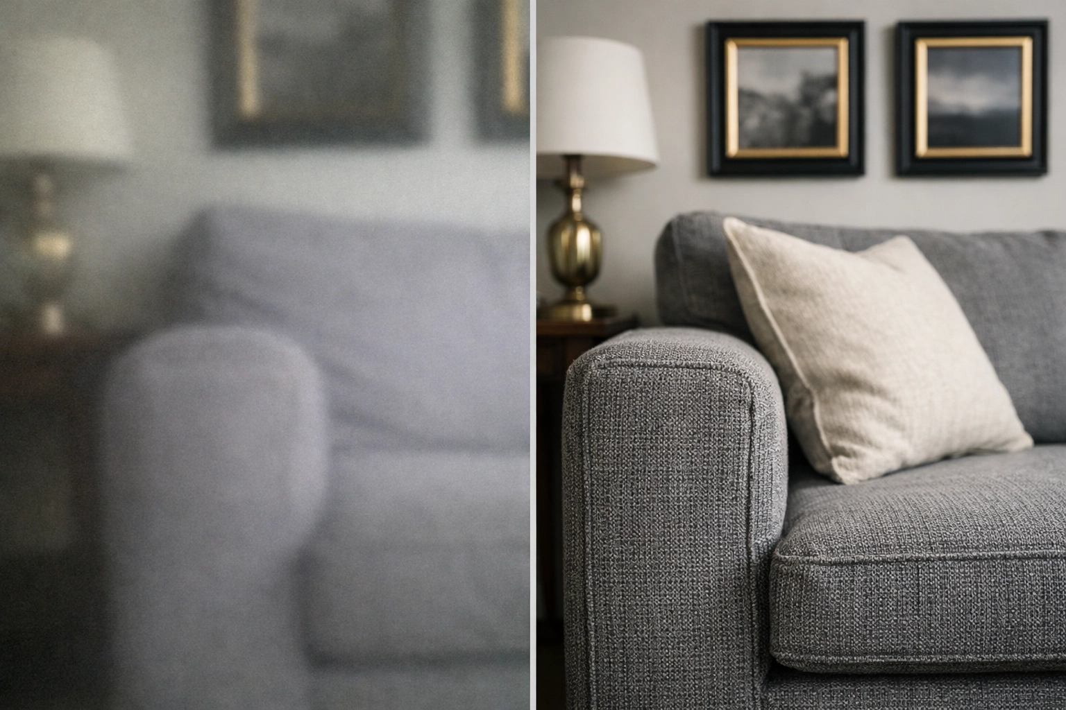 Comparison of low-quality vs high-resolution property inventory photography showing furniture detail