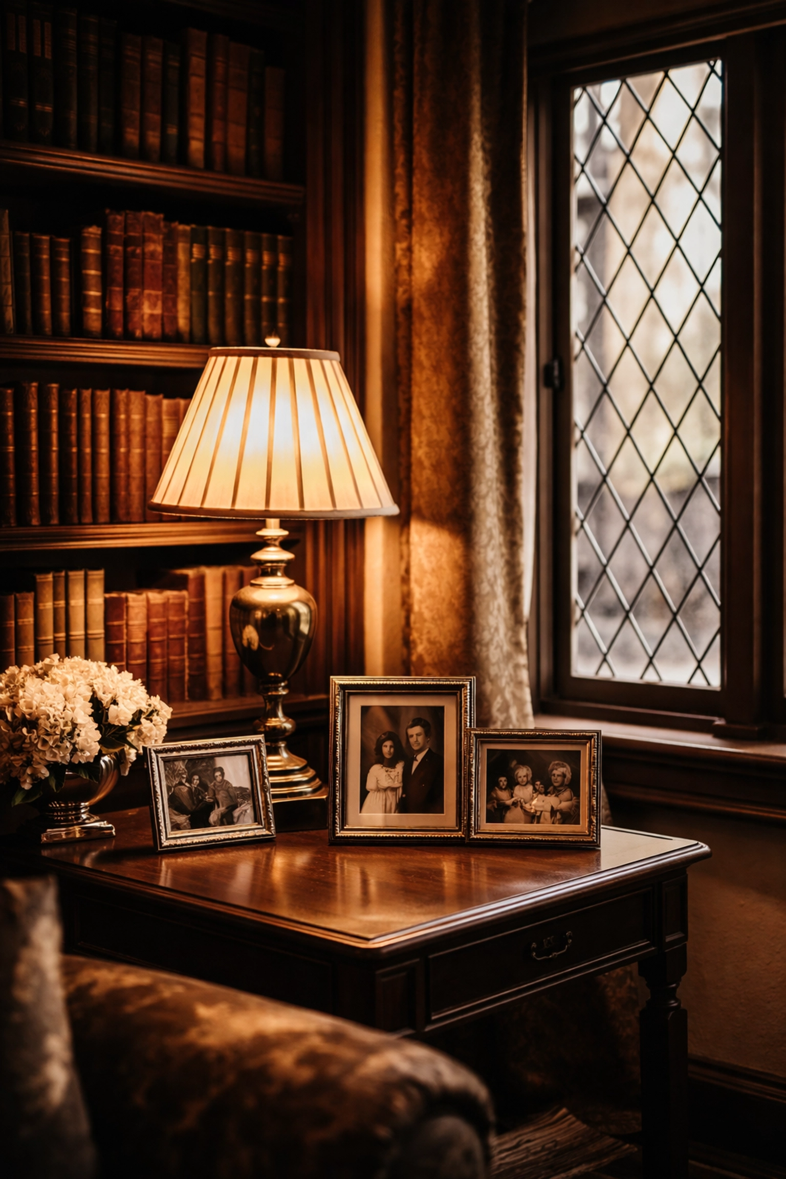 Classic Tudor-style home interior with built-in bookshelves and family photos, capturing Bexley’s generational legacy in downsizing.