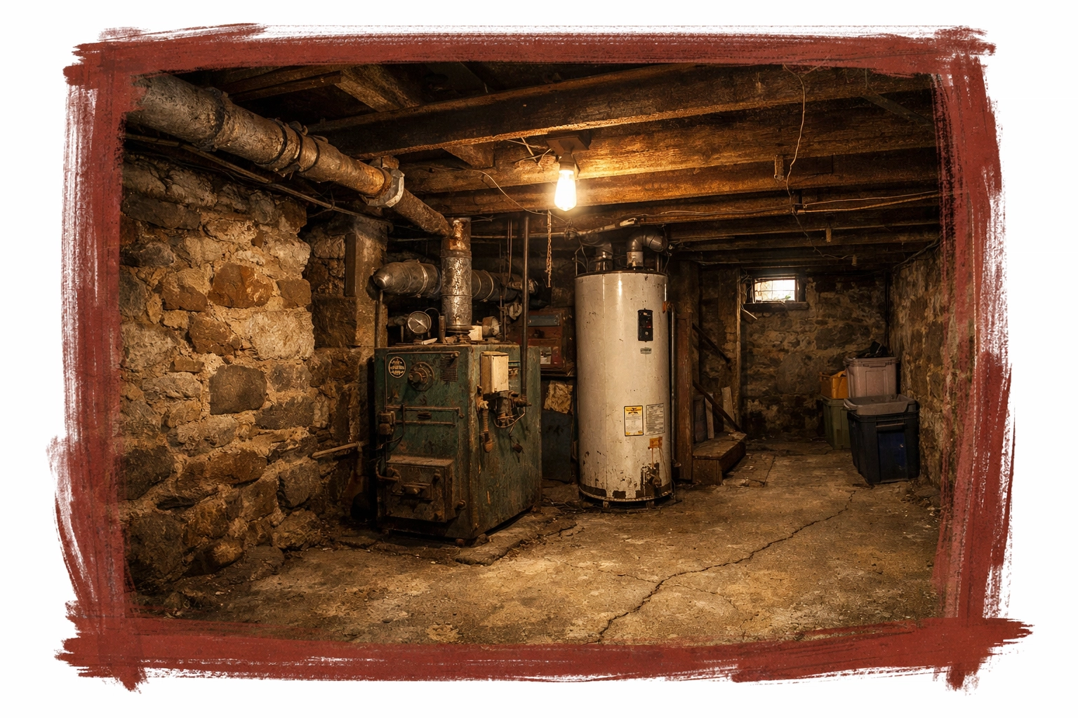 Classic Philadelphia rowhome basement with low ceilings, stone foundation walls, and vintage utilities Classic Philadelphia rowhome basement with low ceilings, stone foundation walls, and vintage utilities