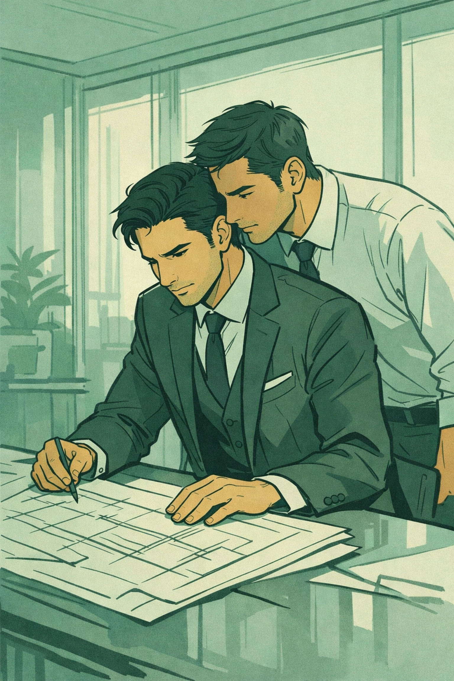 Gay architects in corporate office reviewing blueprints, workplace attraction and professional tension