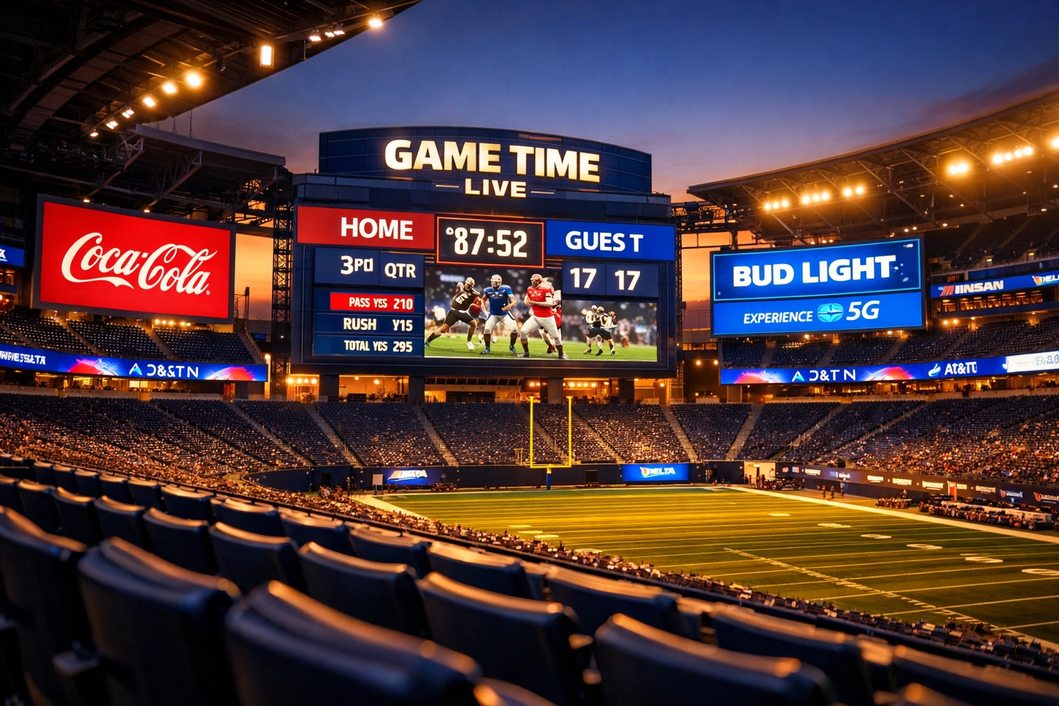 Modern sports stadium interior with LED digital signage displays and sponsor content