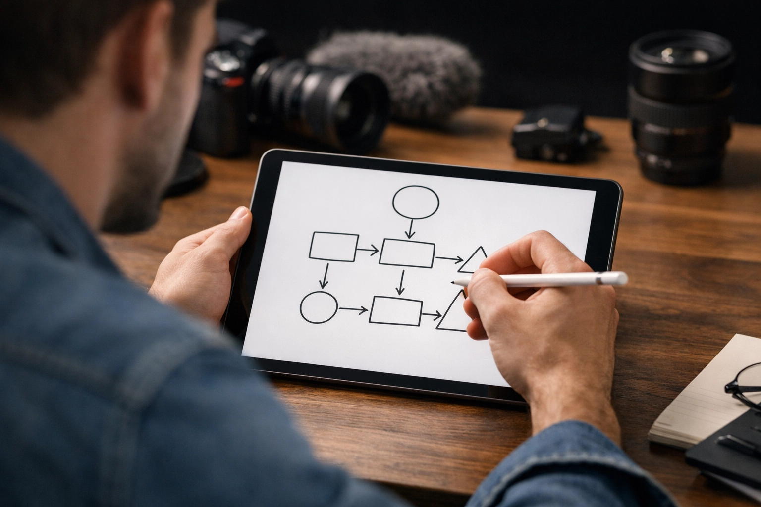 Cinematic realistic strategist sketching a campaign system on a tablet with simple shapes only, no text